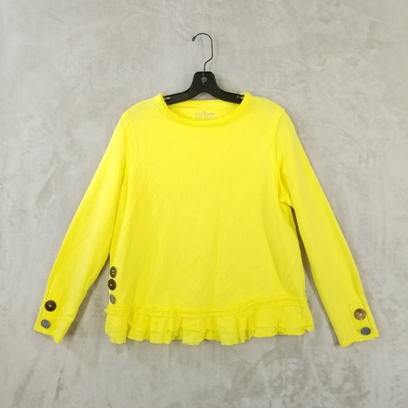 Neon Buddha Pullover Women M Yellow Cape Side Ruffled Hem Buttons Sweatshirt Art - Picture 1 of 9